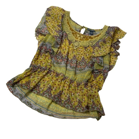Isabella Rodriguez Yellow Floral Lace Ruffled Short Sleeve Blouse Top Small - Picture 6 of 11